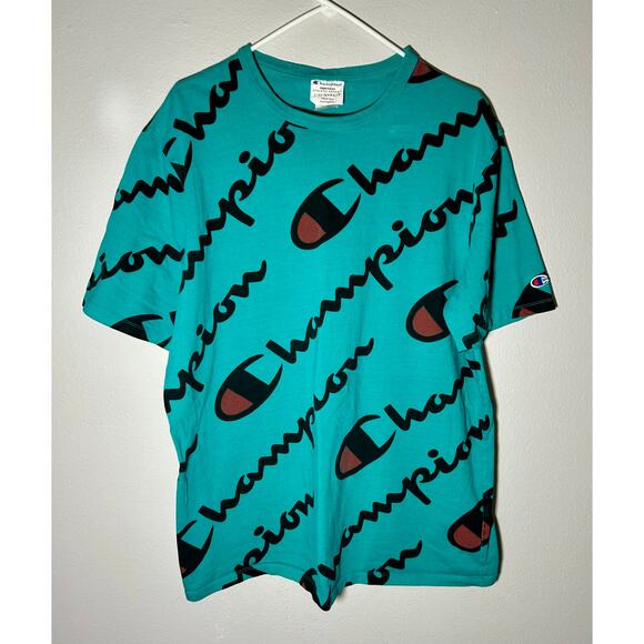 Vintage Champion heritage logo script tee teal size medium mens short sleeve XL - Picture 1 of 8